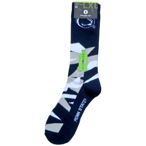 navy socks with shattered design, Penn State, & Athletic Logo